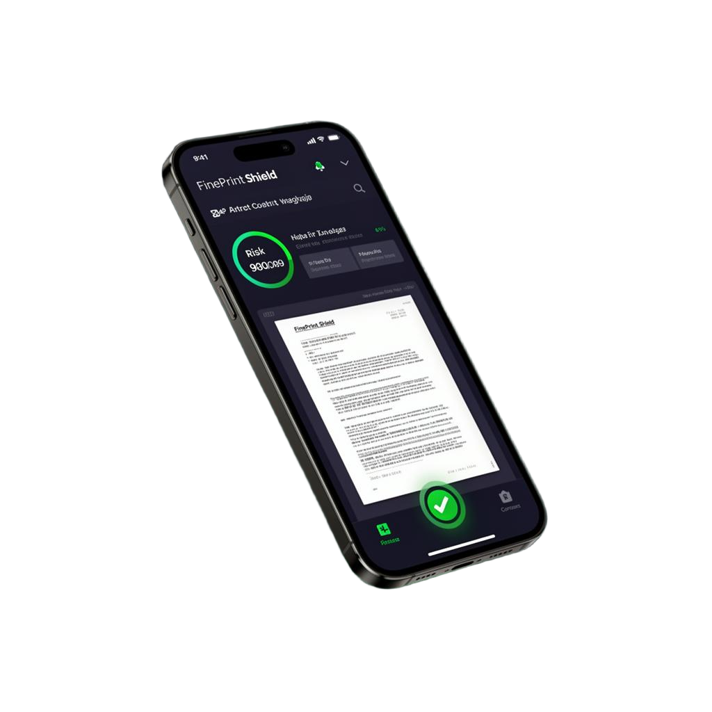 FinePrint Shield mobile app showing contract analysis with risk scoring